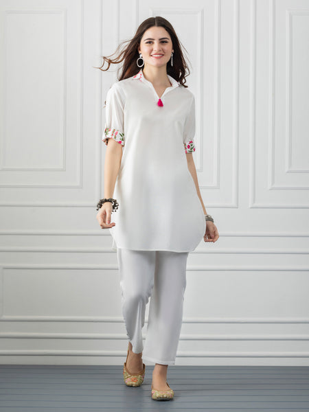 White Shirt Collar Kurti With Tassel & Floral Print Detailing from Shaye India , Kurti for women