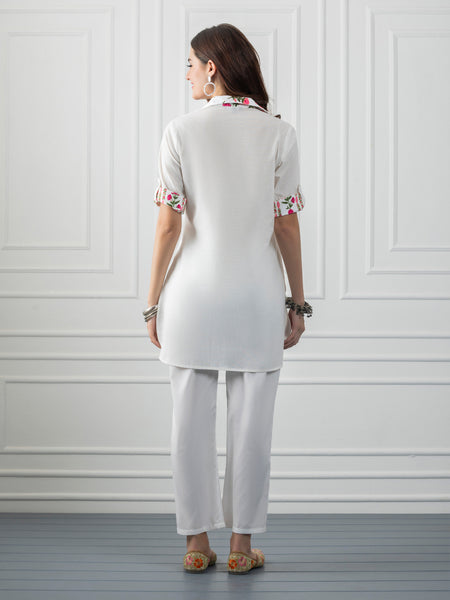 White Shirt Collar Kurti With Tassel & Floral Print Detailing from Shaye India , Kurti for women