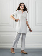 White Shirt Collar Kurti With Tassel & Floral Print Detailing from Shaye India , Kurti for women