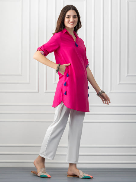 Pink Shirt Collar Kurti With Tassels & Floral Print Detailing from Shaye India , Kurti for women