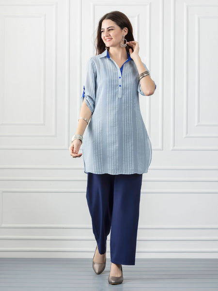 Blue Shirt Collar Kurti with Contrast Trim Detailing from Shaye India , Kurti for women