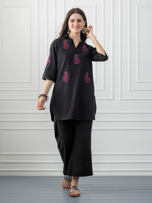 Black Boho Shirt Collar Kurti Co-ord Set from Shaye India , Coord Set for women