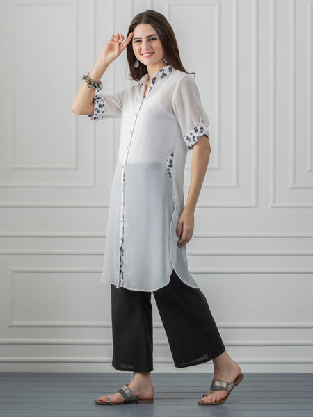 White & Black Pome-Love Georgette Button Up Kurta from Shaye India , Kurta for women