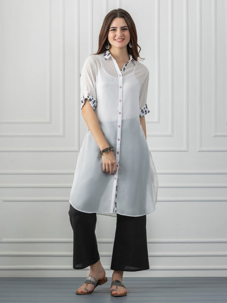 White & Black Pome-Love Georgette Button Up Kurta from Shaye India , Kurta for women