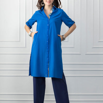 Blue Cotton Shirt Collar Floral Trim Button-Up Kurta