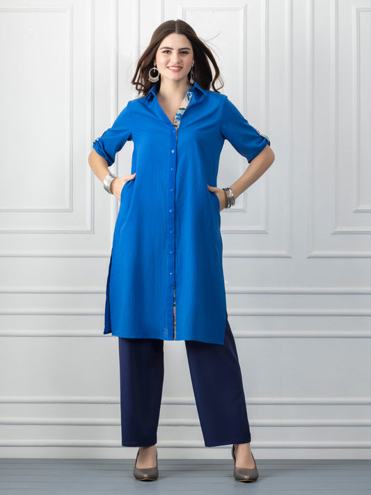 Blue Cotton Shirt Collar Floral Trim Button-Up Kurta from Shaye India , Kurta for women