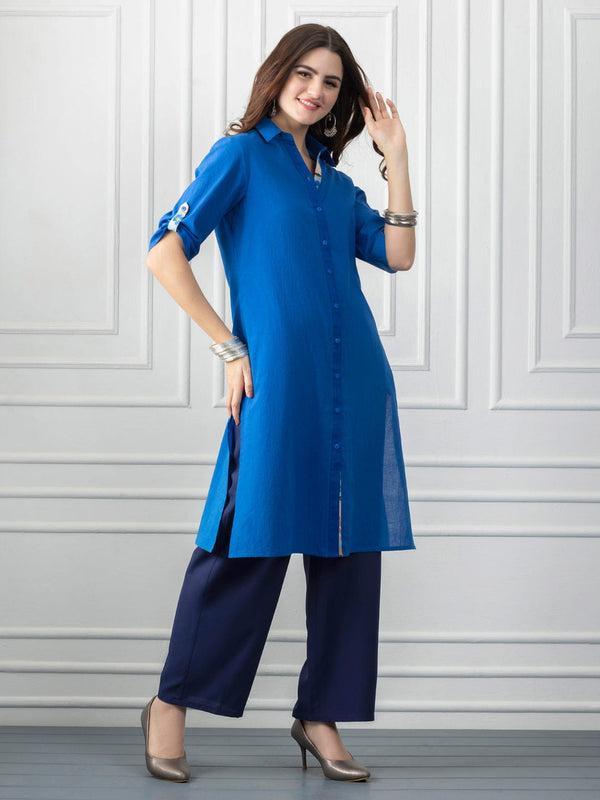 Blue Cotton Shirt Collar Floral Trim Button-Up Kurta from Shaye India , Kurta for women