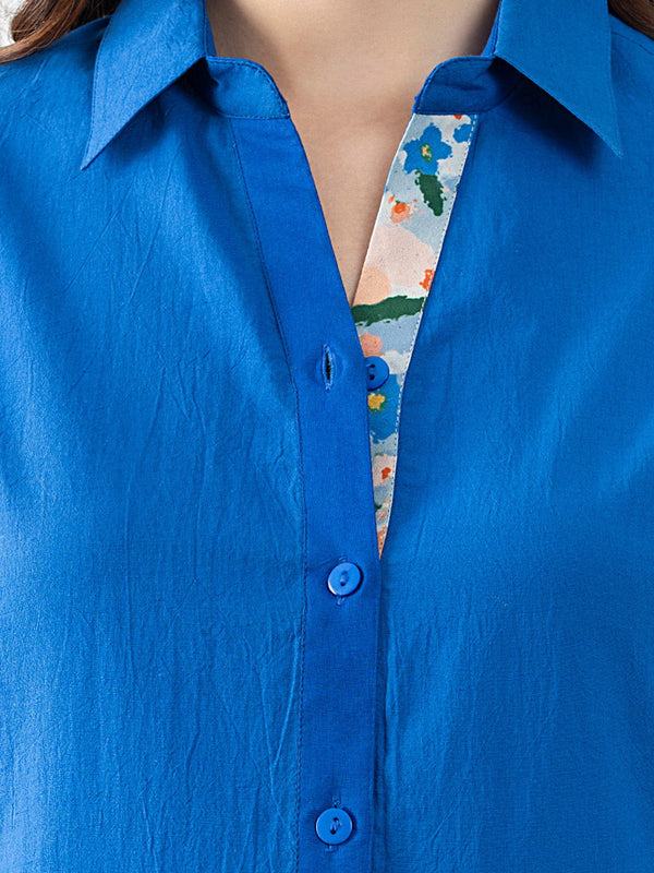 Blue Cotton Shirt Collar Floral Trim Button-Up Kurta from Shaye India , Kurta for women