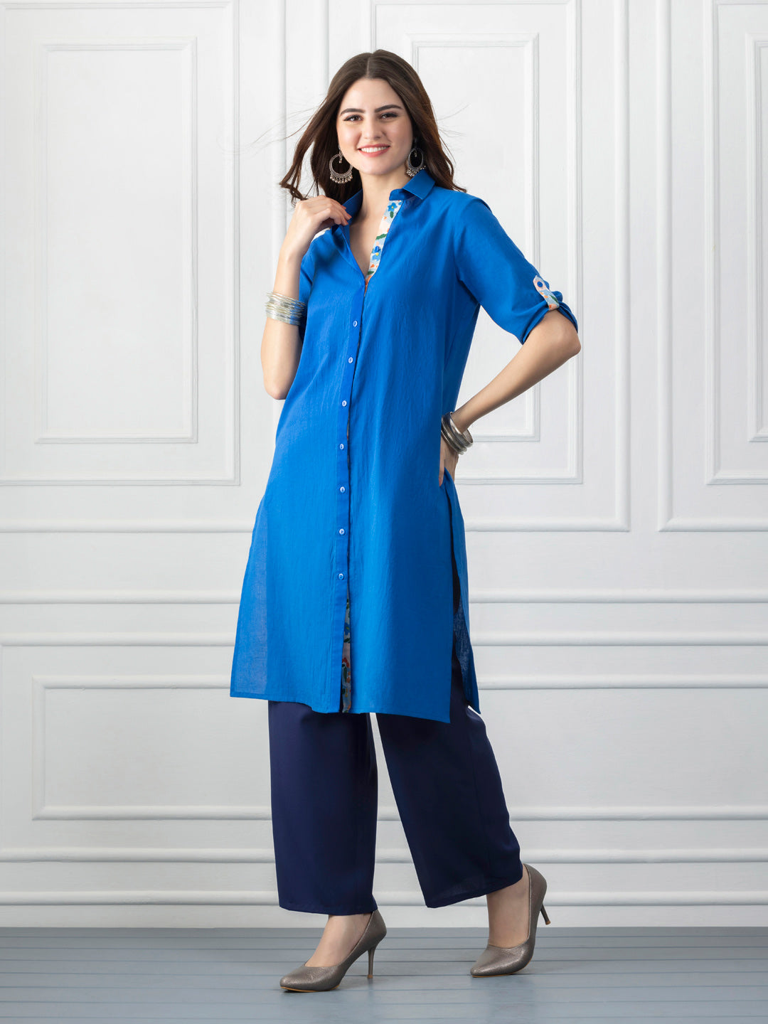 Blue Cotton Shirt Collar Floral Trim Button-Up Kurta from Shaye India , Kurta for women