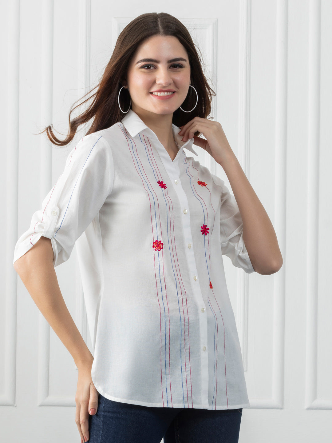 White Cotton Multi Kantha Stripes Kurti from Shaye India , Kurti for women