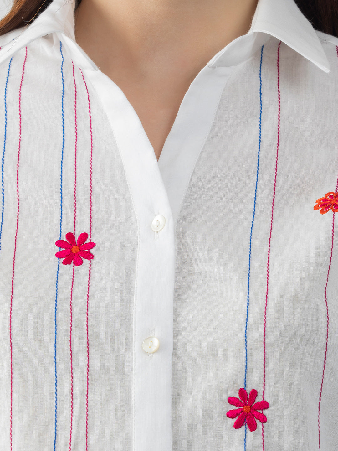 White Cotton Multi Kantha Stripes Kurti from Shaye India , Kurti for women