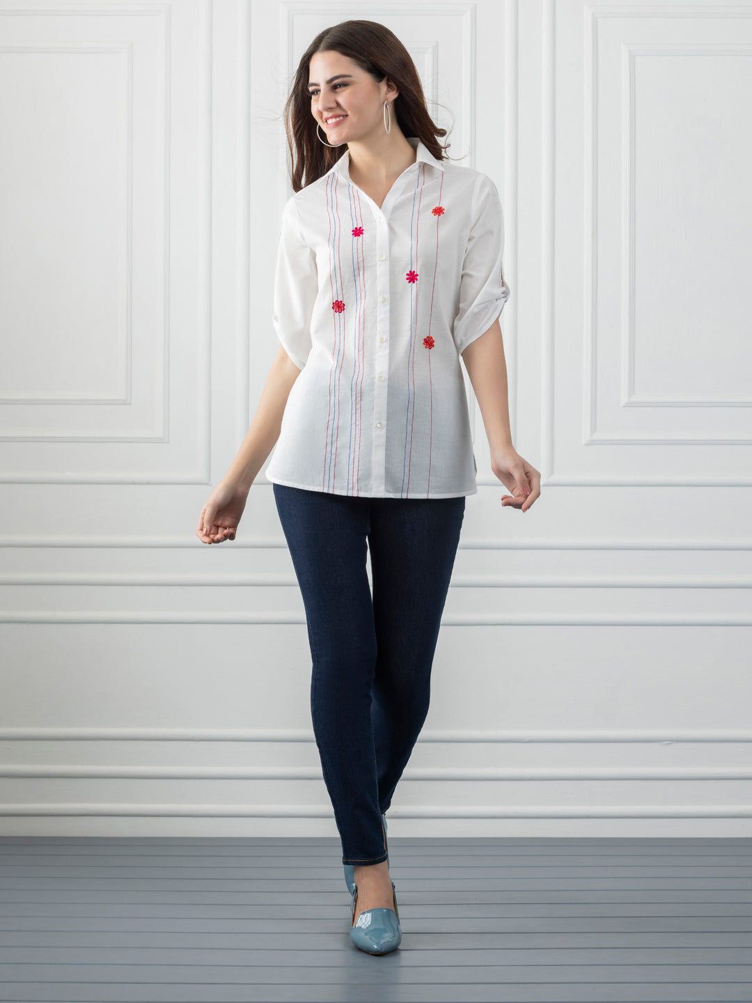 White Cotton Multi Kantha Stripes Kurti from Shaye India , Kurti for women