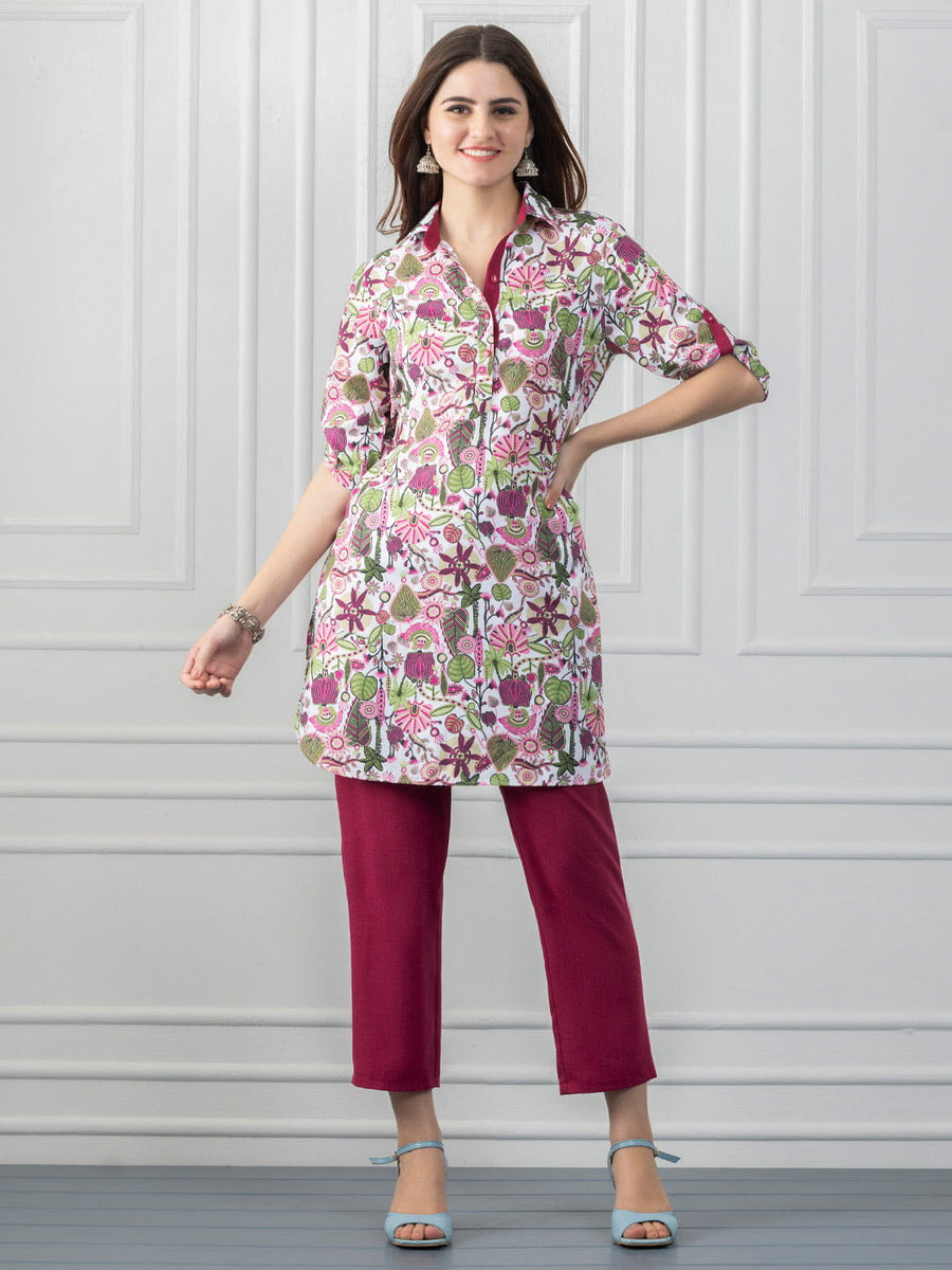 White & Berry Pink Floral Kurti Co-ord Set from Shaye India , Coord Set for women