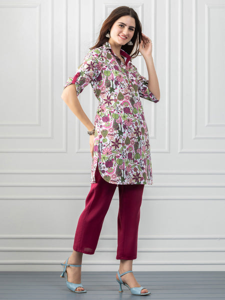 White & Berry Pink Floral Kurti Co-ord Set from Shaye India , Coord Set for women