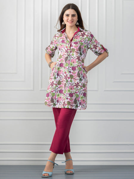 White & Berry Pink Floral Kurti Co-ord Set from Shaye India , Coord Set for women