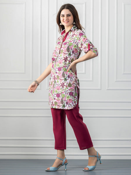 White & Berry Pink Floral Kurti Co-ord Set from Shaye India , Coord Set for women