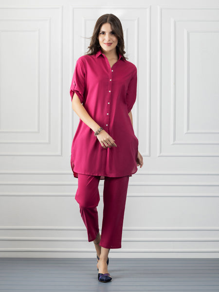 Berry Pink Cotton Shirt Collar Kurta from Shaye India , Kurta for women