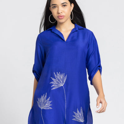 Royal Blue Floral Silver Zari Embroidered Kurti