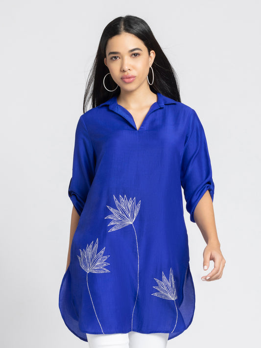 Royal Blue Floral Silver Zari Embroidered Kurti from Shaye India , Kurti for women