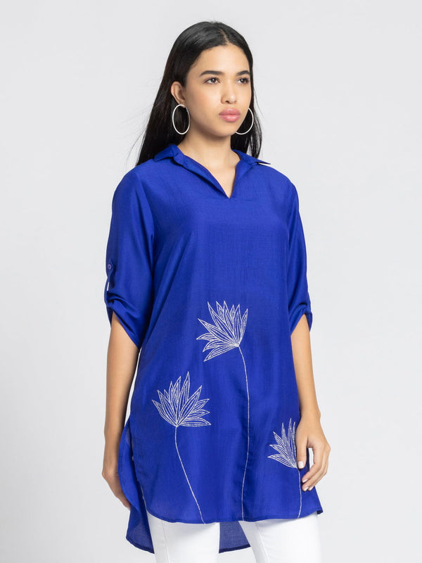 Royal Blue Floral Silver Zari Embroidered Kurti from Shaye India , Kurti for women