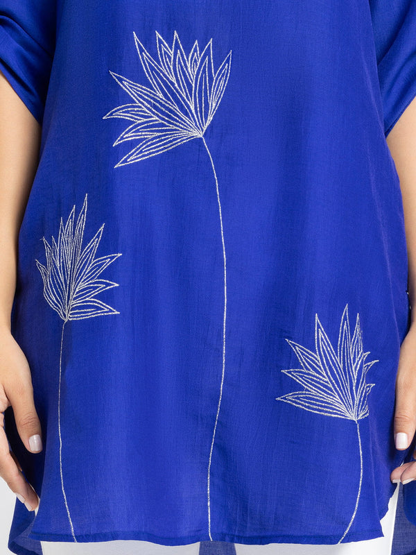 Royal Blue Floral Silver Zari Embroidered Kurti from Shaye India , Kurti for women