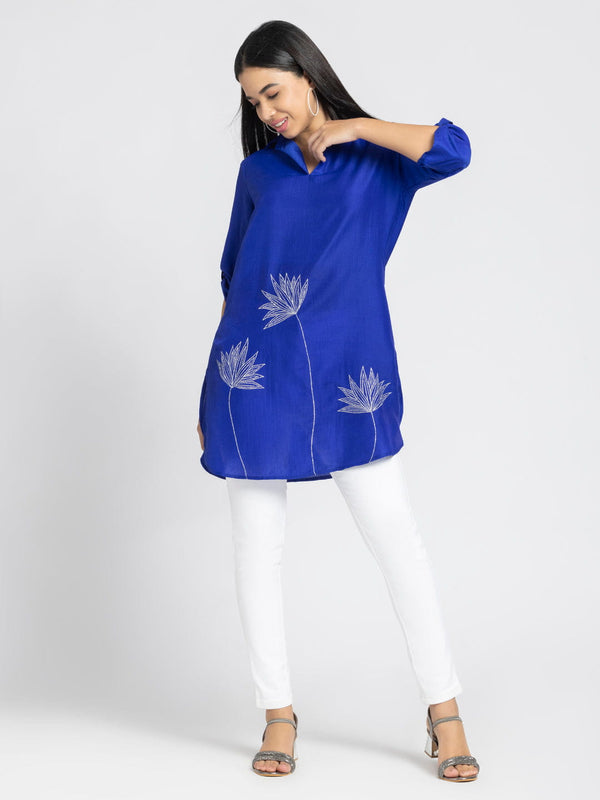 Royal Blue Floral Silver Zari Embroidered Kurti from Shaye India , Kurti for women