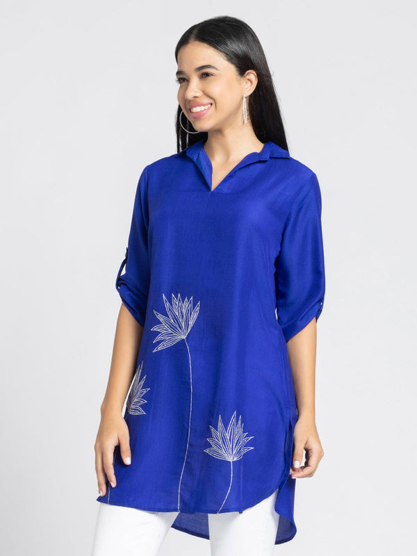 Royal Blue Floral Silver Zari Embroidered Kurti from Shaye India , Kurti for women