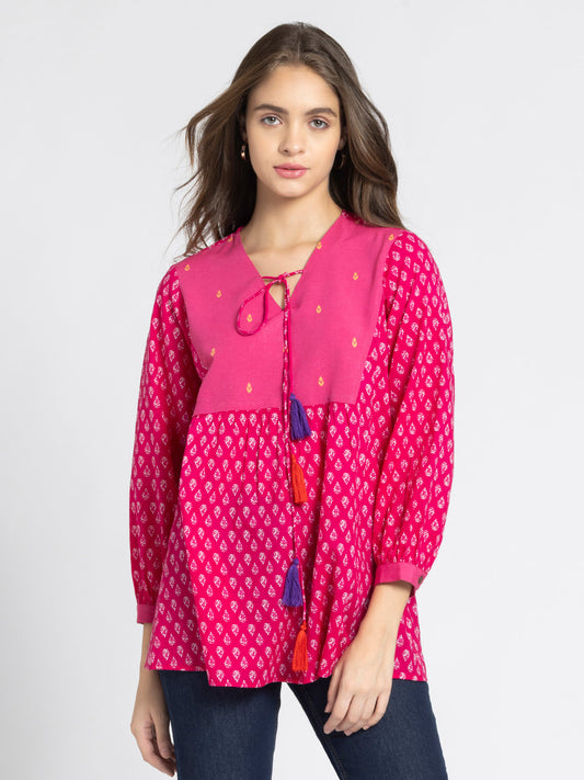 Pink V Neck Ethnic Motif Printed Kurti from Shaye India , Kurti for women