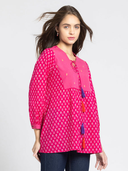 Pink V Neck Ethnic Motif Printed Kurti from Shaye India , Kurti for women