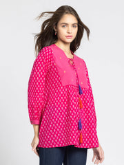 Pink V Neck Ethnic Motif Printed Kurti from Shaye India , Kurti for women