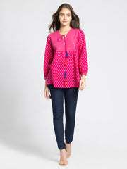 Pink V Neck Ethnic Motif Printed Kurti from Shaye India , Kurti for women