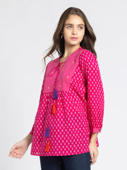 Pink V Neck Ethnic Motif Printed Kurti from Shaye India , Kurti for women