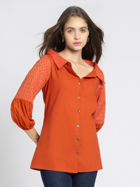 Shirt Collar Rust Orange Button-down Kurti from Shaye India , Kurti for women