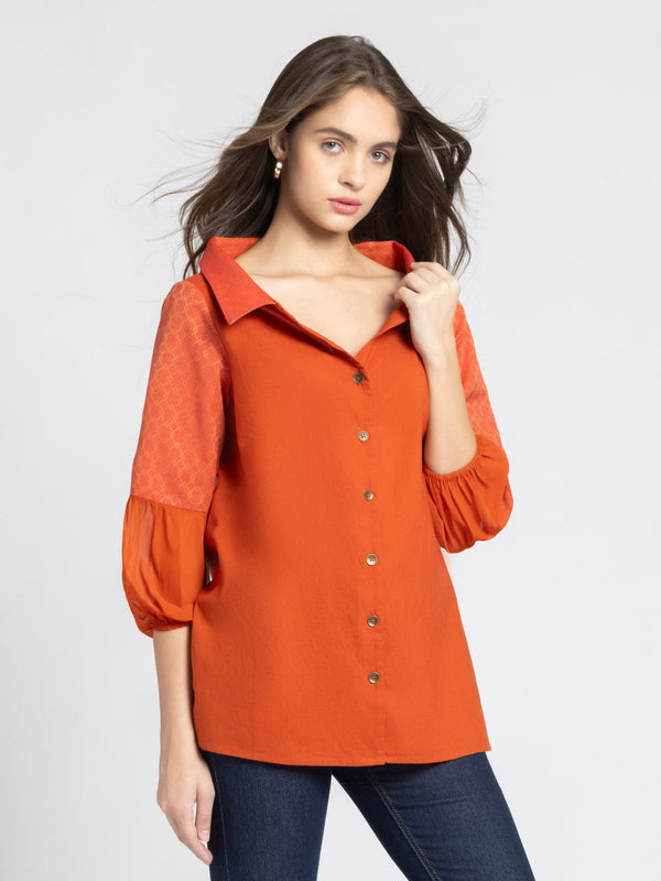 Shirt Collar Rust Orange Button-down Kurti from Shaye India , Kurti for women