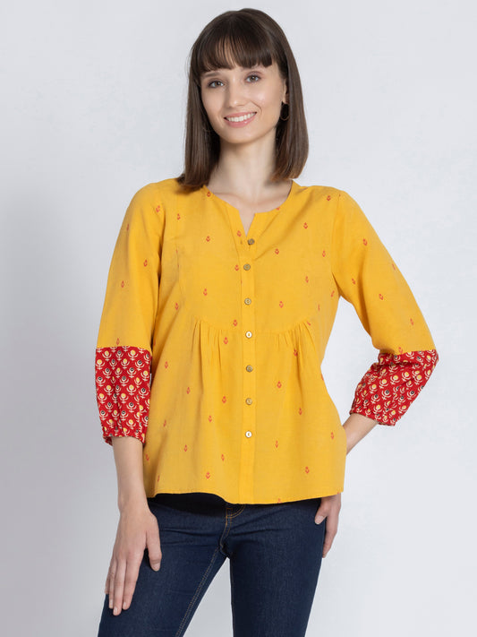 Yellow Round Neck Gathered Button Up Kurti from Shaye India , Kurti for women