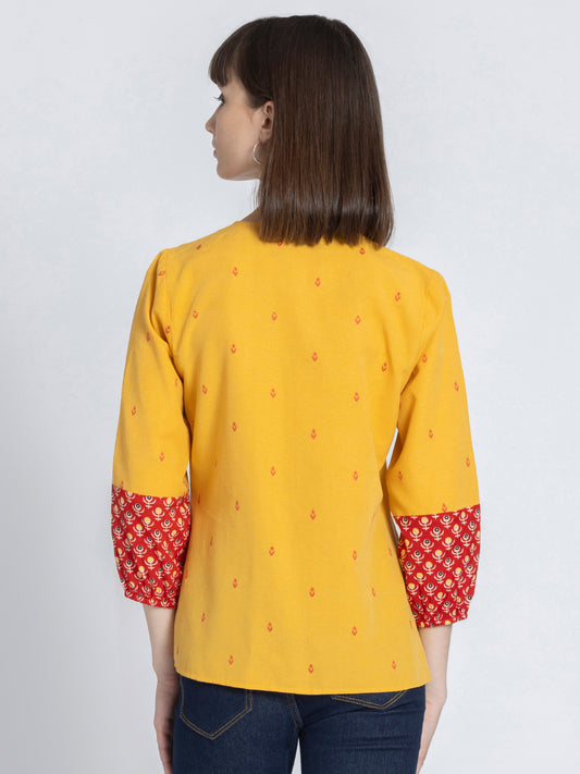 Yellow Round Neck Gathered Button Up Kurti from Shaye India , Kurti for women