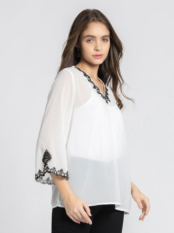 White Scalloped Embroidered Georgette Kurti from Shaye India , Kurti for women