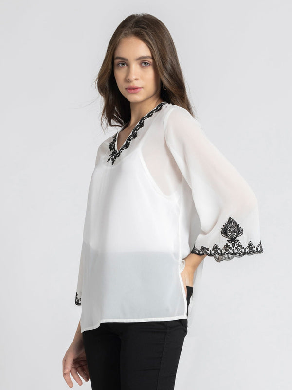 White Scalloped Embroidered Georgette Kurti from Shaye India , Kurti for women