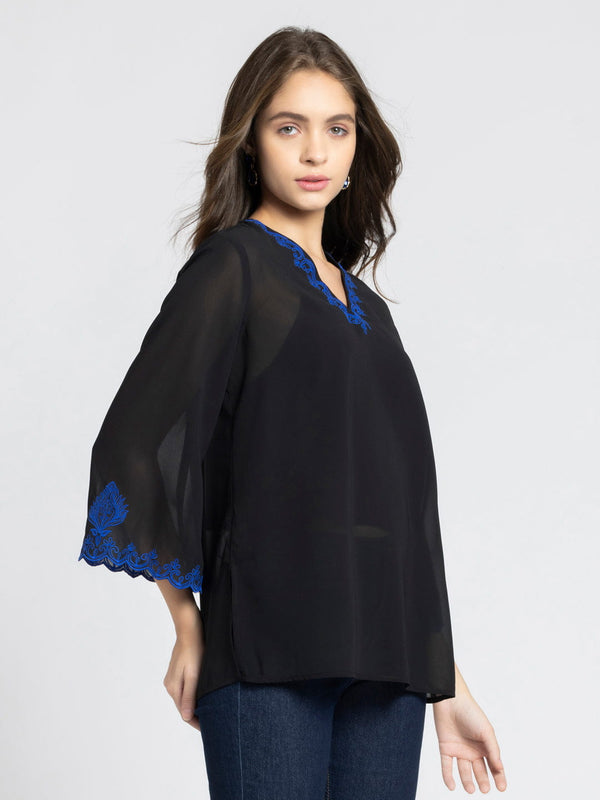 Black Scalloped Embroidered Georgette Kurti from Shaye India , Kurti for women