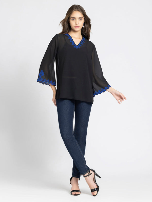 Black Scalloped Embroidered Georgette Kurti from Shaye India , Kurti for women