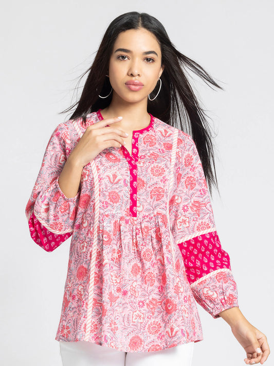 Pink Ethnic Motif Printed Gathered Kurti from Shaye India , Kurti for women