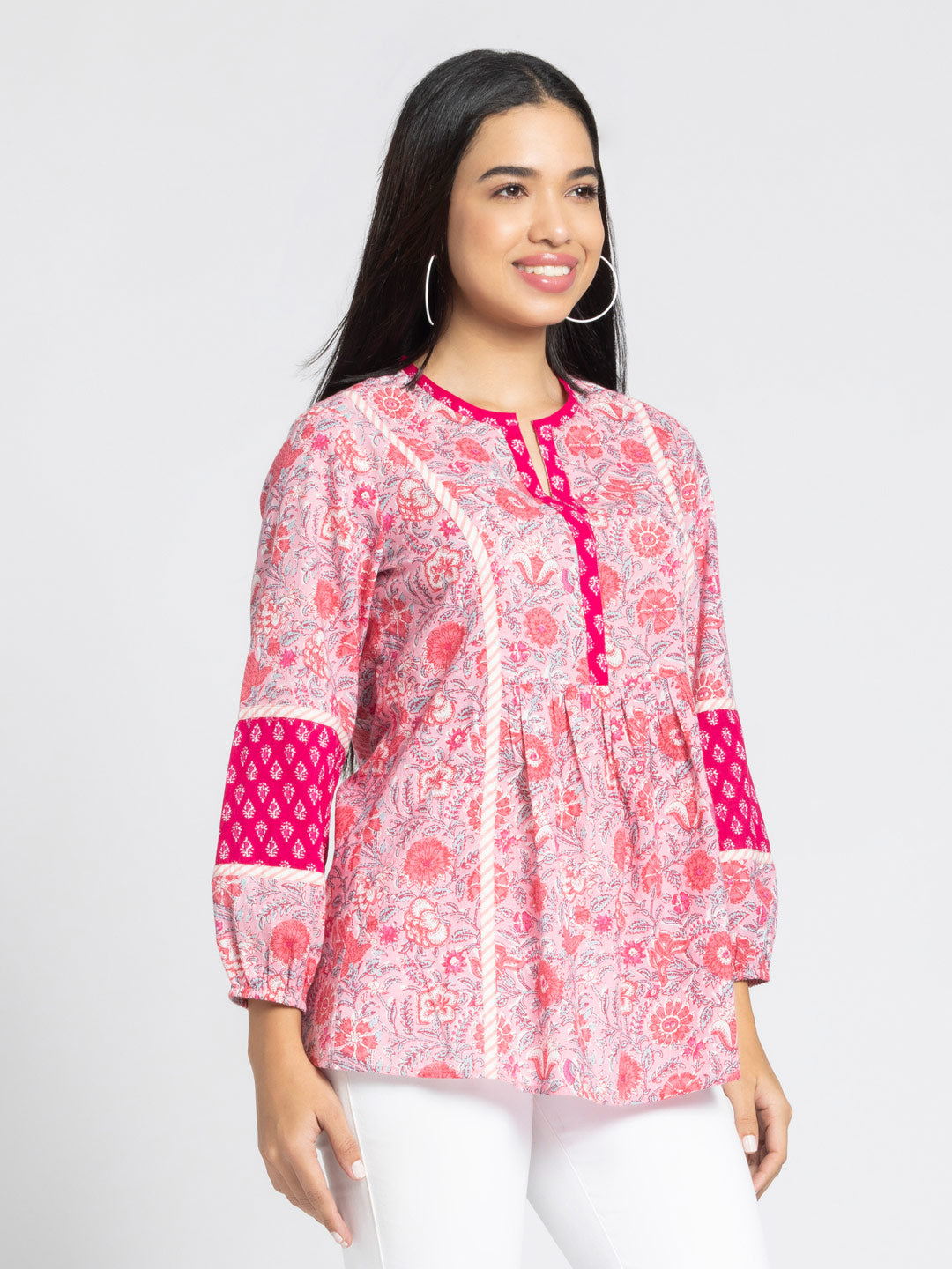 Pink Ethnic Motif Printed Gathered Kurti from Shaye India , Kurti for women