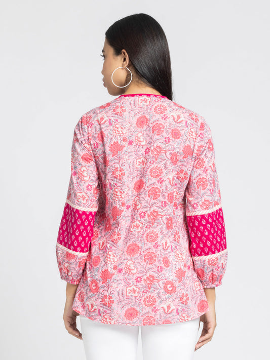 Pink Ethnic Motif Printed Gathered Kurti from Shaye India , Kurti for women