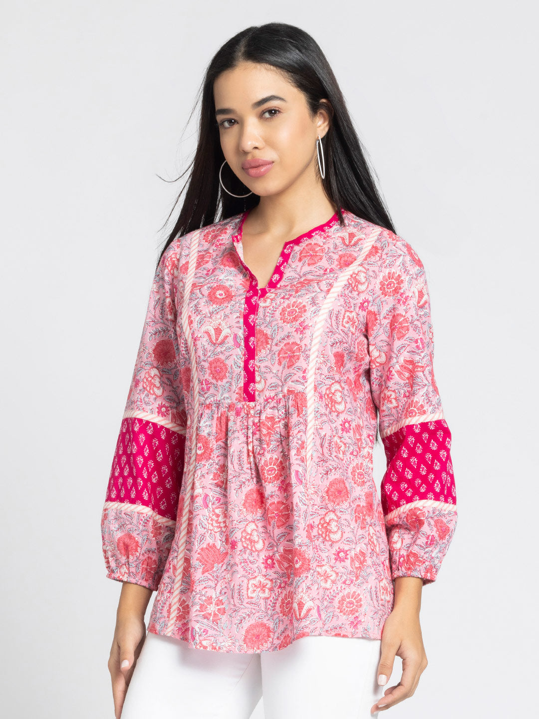 Pink Ethnic Motif Printed Gathered Kurti from Shaye India , Kurti for women
