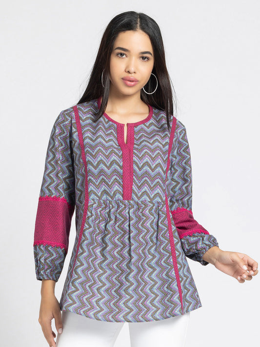 Grey Round Neck Chevron Printed Gathered Kurti from Shaye India , Kurti for women