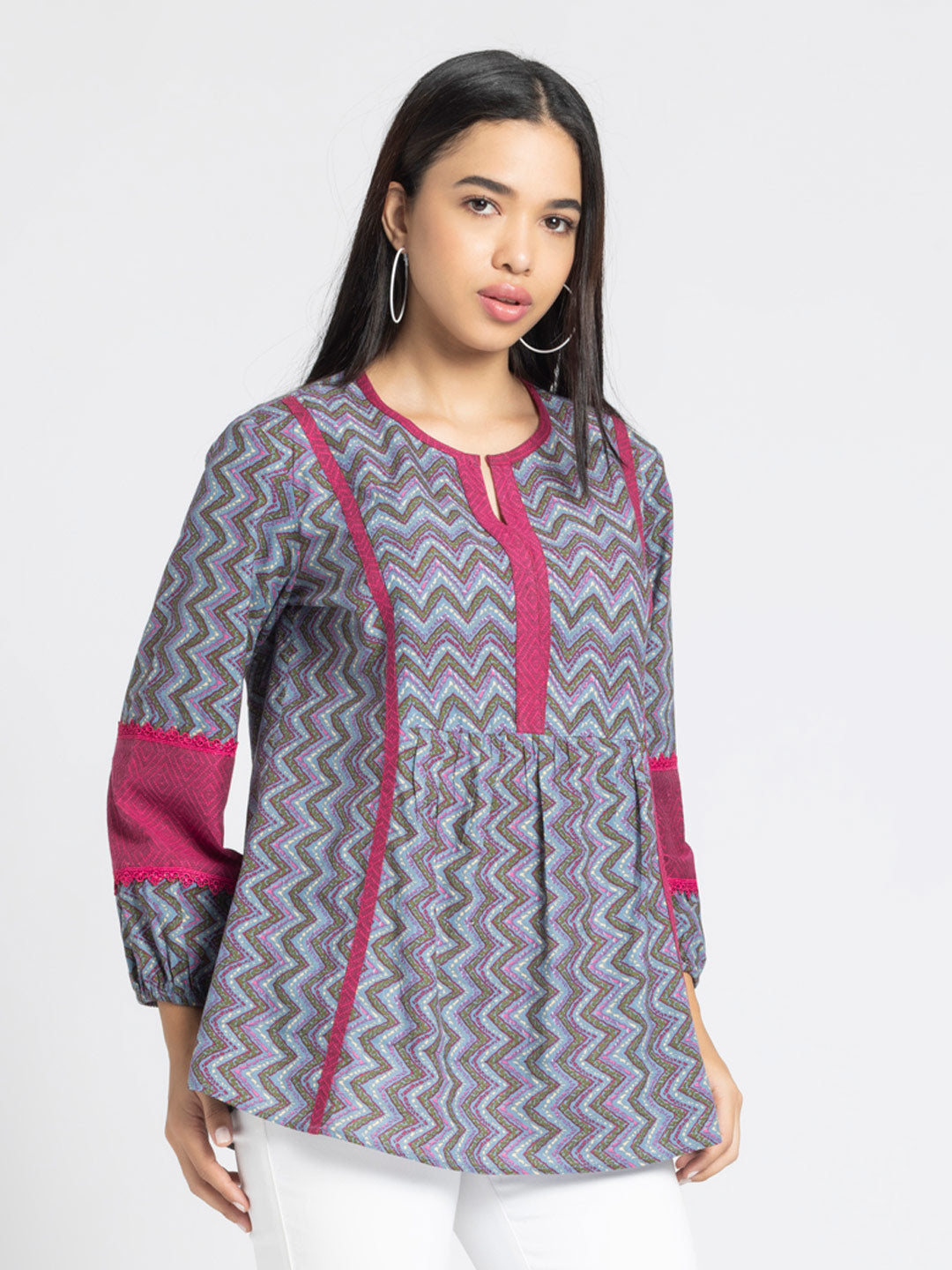 Grey Round Neck Chevron Printed Gathered Kurti from Shaye India , Kurti for women
