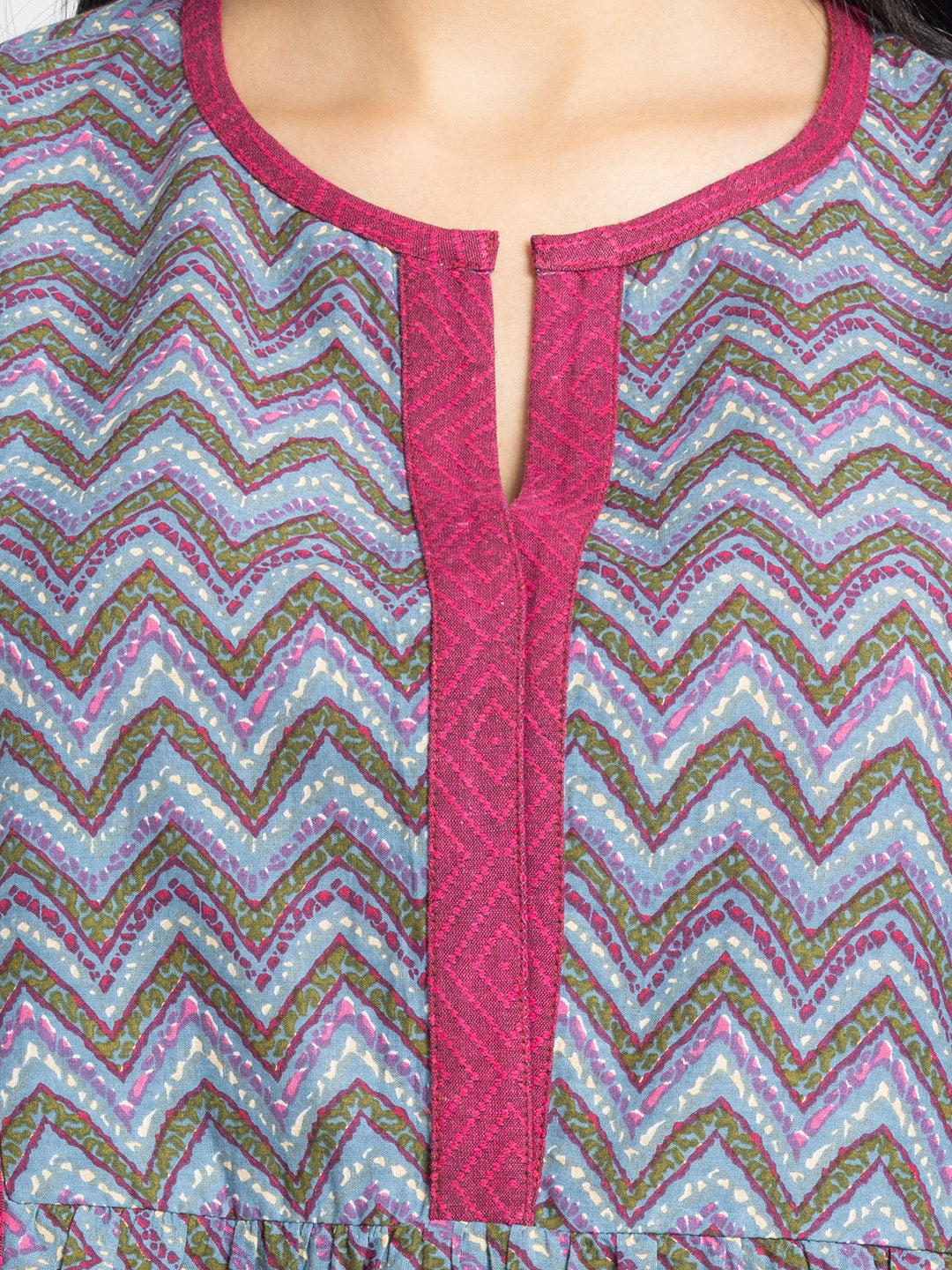 Grey Round Neck Chevron Printed Gathered Kurti from Shaye India , Kurti for women