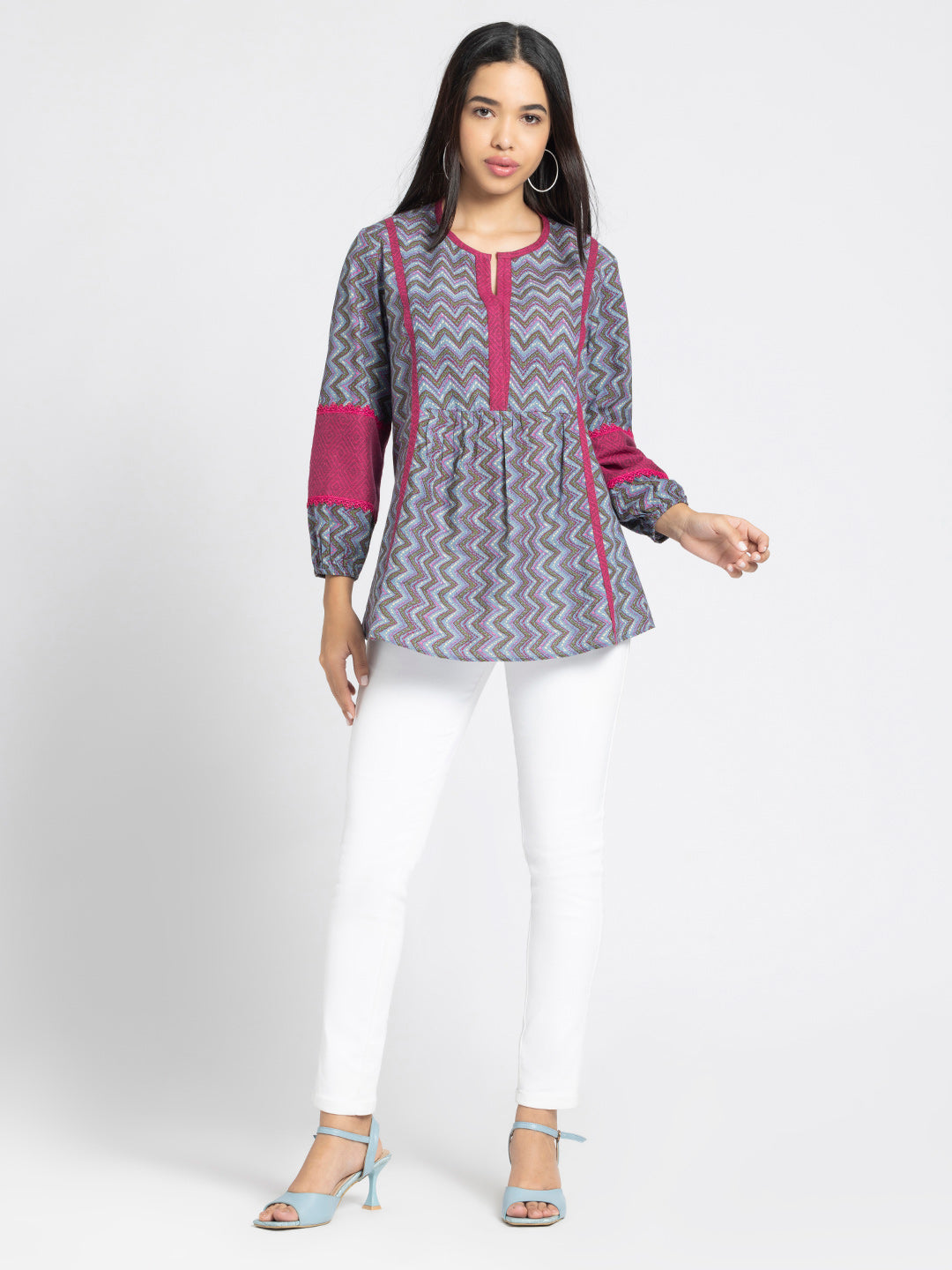 Grey Round Neck Chevron Printed Gathered Kurti from Shaye India , Kurti for women
