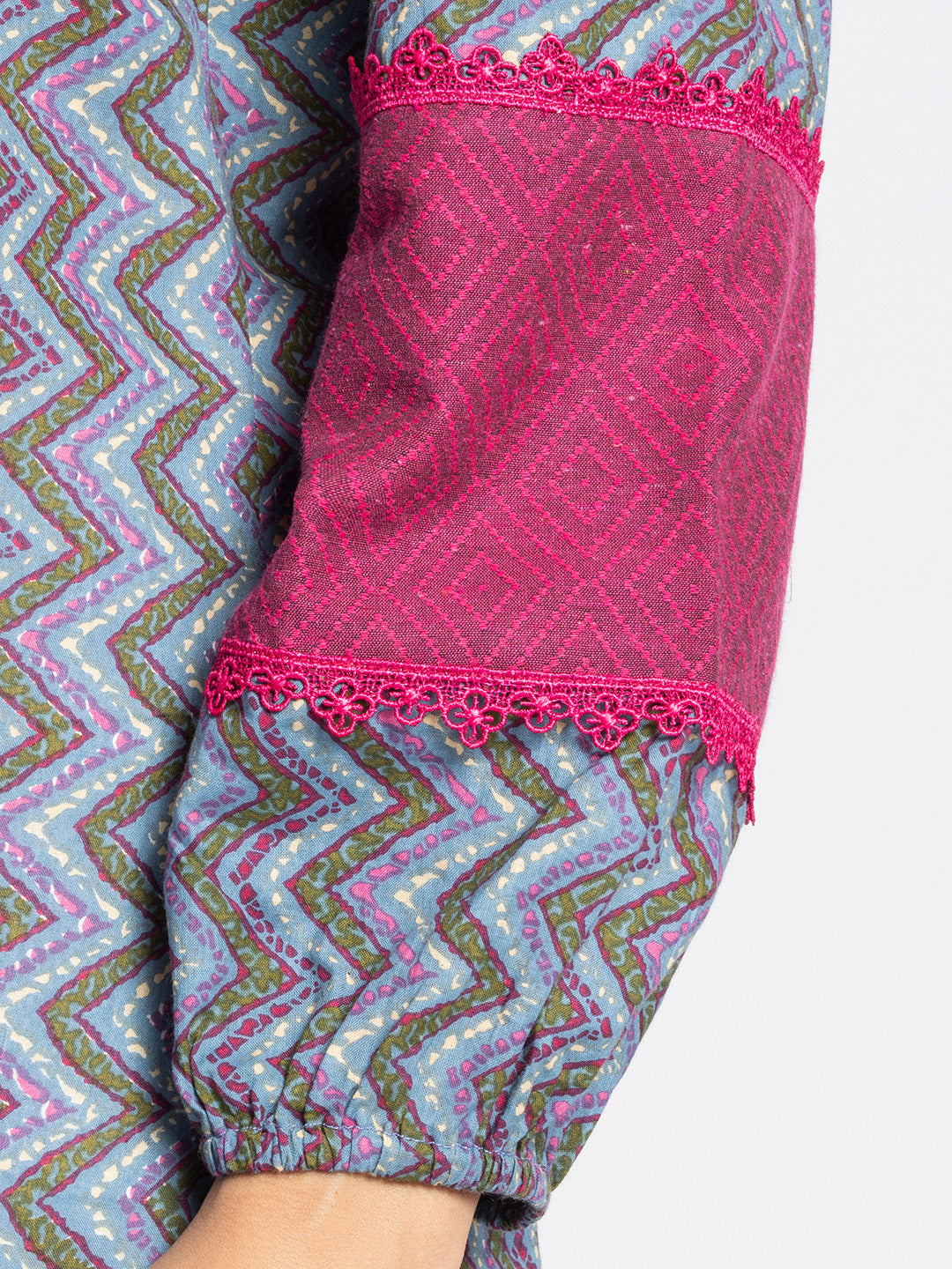 Grey Round Neck Chevron Printed Gathered Kurti from Shaye India , Kurti for women