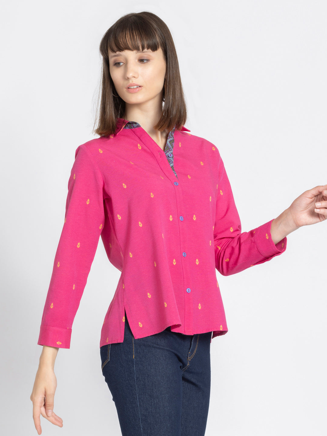 Pink Shirt Collar Ethnic Motif Kurti from Shaye India , Kurti for women